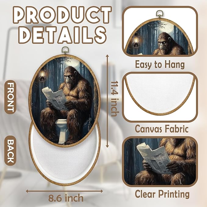 CGBHW Funny Orangutan Bathroom Oval Wall Art Decor, Monkey Reading Newspaper on Toilet Canvas Prints Framed, Dark Wall Art Hanging Decor for Home Bedroom Living Room Decorations, 8.6x11.4 Inch