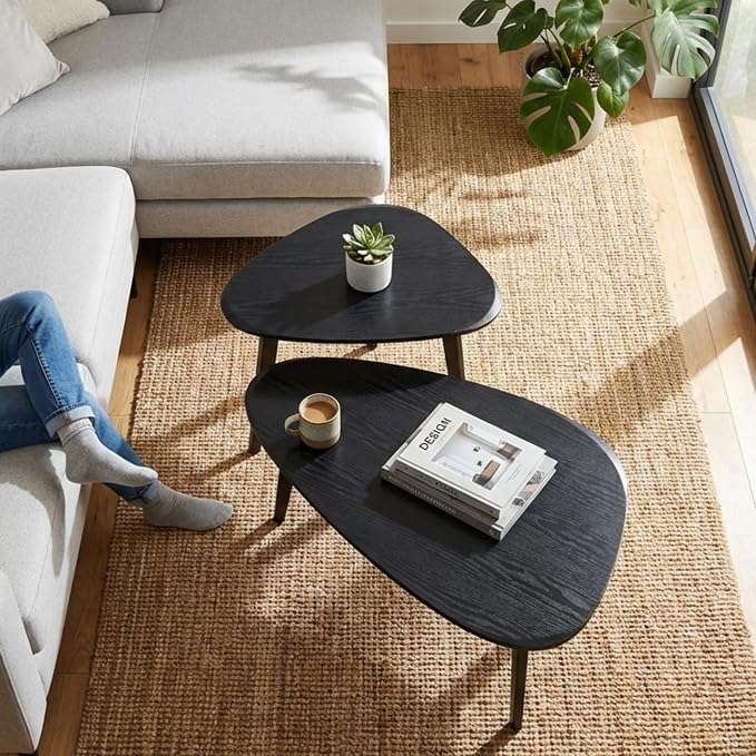 Nesting Coffee Table Set of 2-Mid Century Modern Wooden Coffee Table,Guitar Pick Stacking Tables with Solid Wood Legs,Small Coffee Tables for Small spaces,Living Room,Apartment,Balcony (Black)