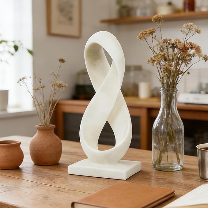 SIMON'S SHOP Modern Abstract Sculpture, 14.5'' Tall Minimalist Figure Eight Tabletop Decor, Hand-Painted Resin Statue for Home or Office, White