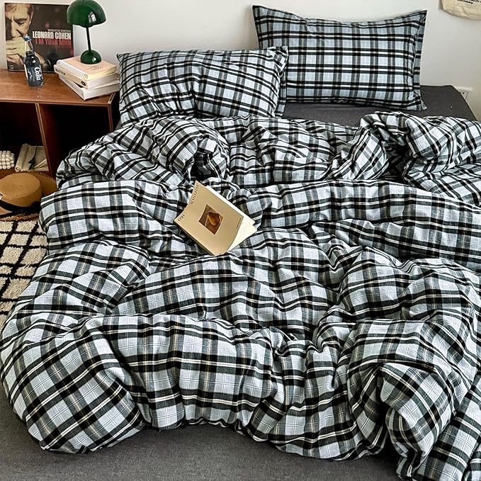 mixinni Vintage Grey & Pale Blue Buffalo Plaid Duvet Cover Set Twin Size - 3 Piece Washed Cotton Bedding Set with Grid Pattern, Soft & Breathable Duvet Cover with Pillowcases for Boys, Men& Women