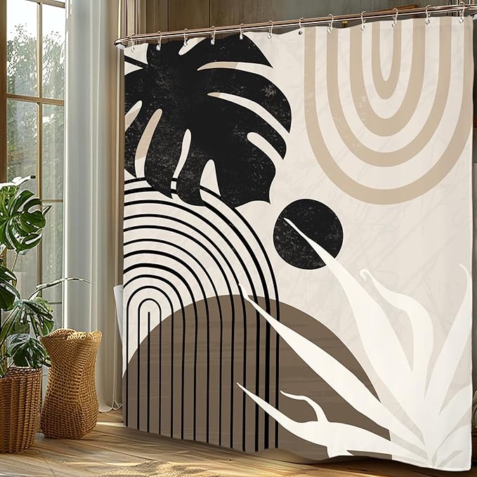 Miyotaa Abstract Light Brown Tan Shower Curtain Set 60Wx71H Inches Minimalist Aesthetic Modern Contemporary Plant Leaves Polyester Waterproof Cloth Bathroom Curtain with 12 Hooks