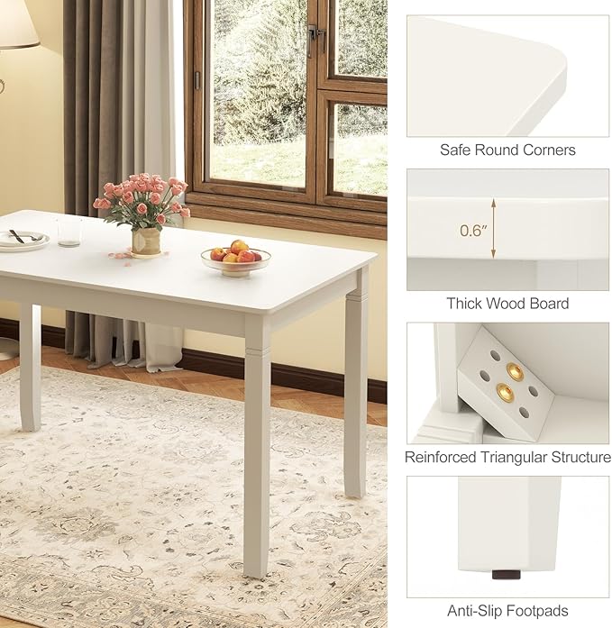 Giantex Dining Table for 4 People, 48” x 29” Kitchen Table with Wood Legs, Rectangular Dinner Table for Small Space, Apartment, Living Room, Dinette Table, Load 330 Lbs, Dining Room Table (White)