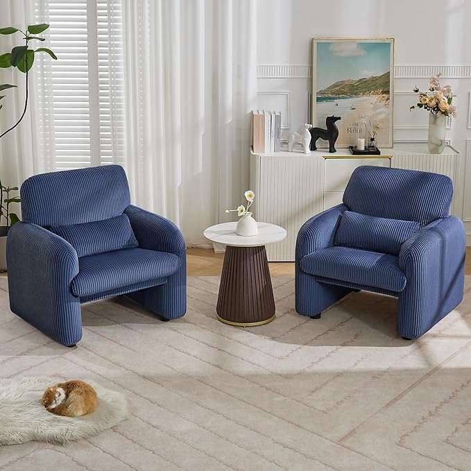 Corduroy Fabric Accent Chair, Modern Upholstered Living Room Chairs with Lumbar Pillow, Wide Comfy Leisure Armchair for Bedroom, Office, Reading, Blue