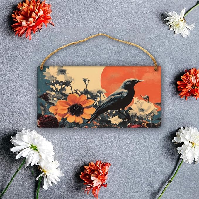 Retro Black Bird & Red-White Flowers Art Wooden Sign 12x6 Inch - Eclectic Living Room Decor for Vintage Fans - Ideal Gift for Unique Interior Collectors