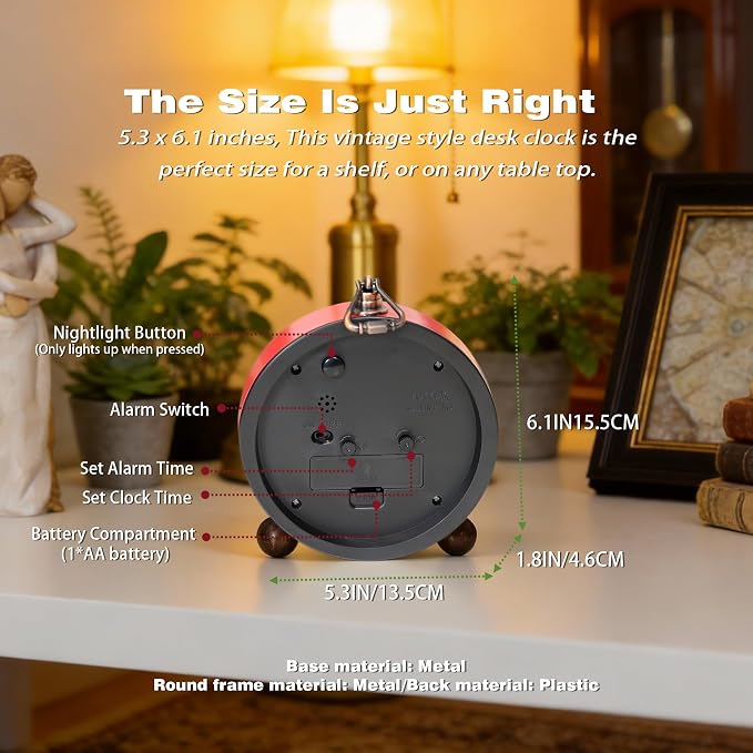 AYRELY® 5.3" Vintage Analog Alarm Clock, Battery Operated Metal Desk Clock, Retro Table Clock with Light for Living Rooms, Bedrooms, Shelf, Home Decor (Red-Black)