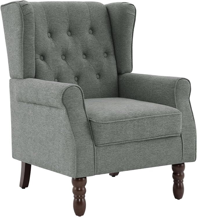 High Back Accent Chairs Set of 2, Upholstered Armchair in Fabric, Retro Wingback Arm Chair for Living Room, Comfy Single Sofa Bedroom Reading Seat with Solid Wood Legs - Dark Gray
