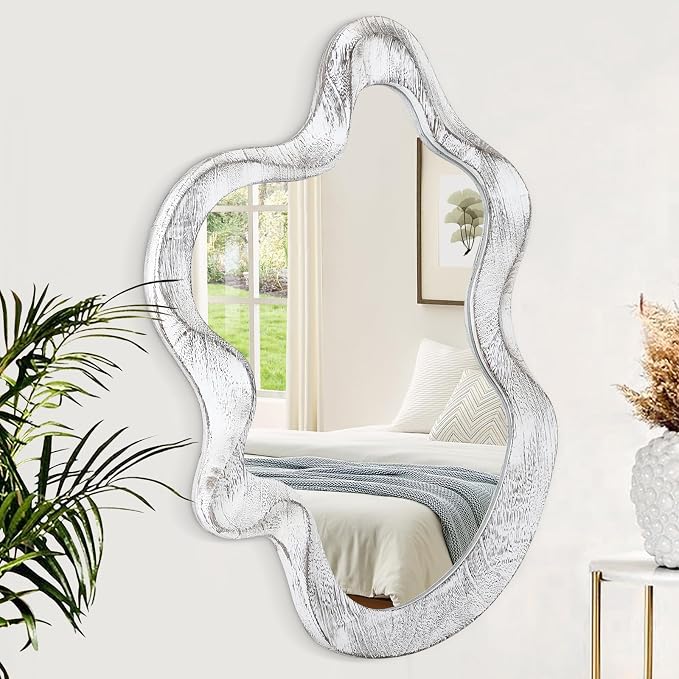 Asymmetrical Mirror Wood Frame Irregular Wall Mirror Unique Shape Wavy Wall Mirror Modern Artistic Cloud Mirror Decorative for Living Room Bedroom Cloakroom Bathroom Entryway Hallway White