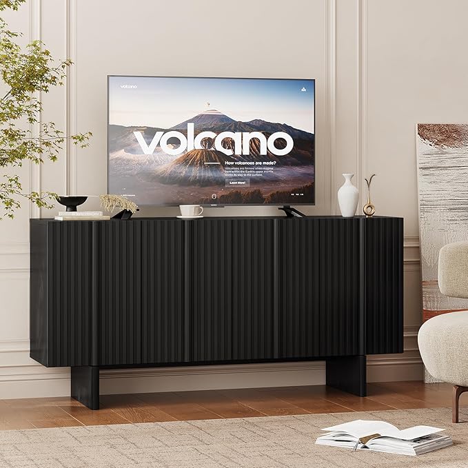 ONBRILL 63" Fluted Sideboard Buffet Cabinet with Storage, Large Sideboard Cabinet with Adjustable Shelves, Modern Credenza with 4 Doors, Kitchen Cabinets for Living Room, Entryway (Black)
