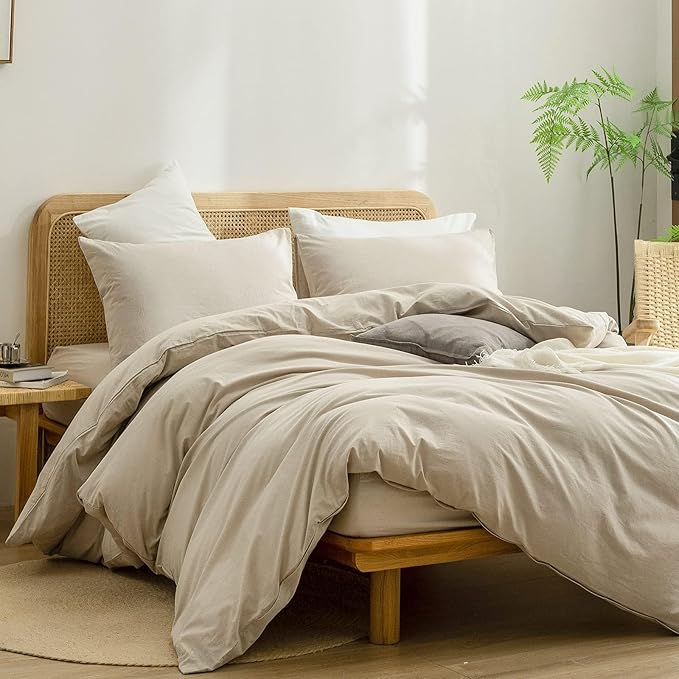 BESTOUCH Duvet Cover Set 100% Washed Cotton Linen Feel Super Soft Comfortable Chic Lightweight 3 PCs Home Bedding Set Solid Almond Milk Grey Alaska King