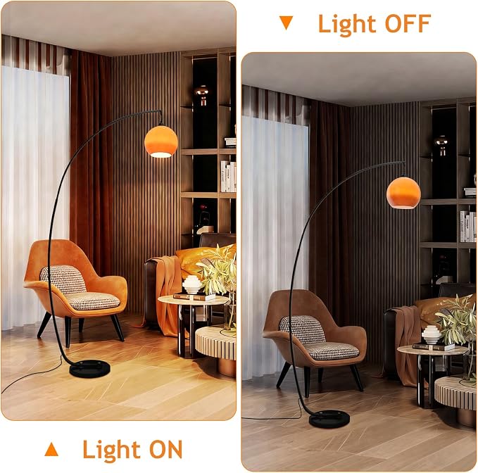 71" Arc Floor Lamp Mid Century Modern Orange Floor Lamp Globe Glass Standing Lamp With E26 3-Color Temperatures Marble Base Tall Light For Living Room Bedroom Study Dining Room(Includes Bulb) (Orange)