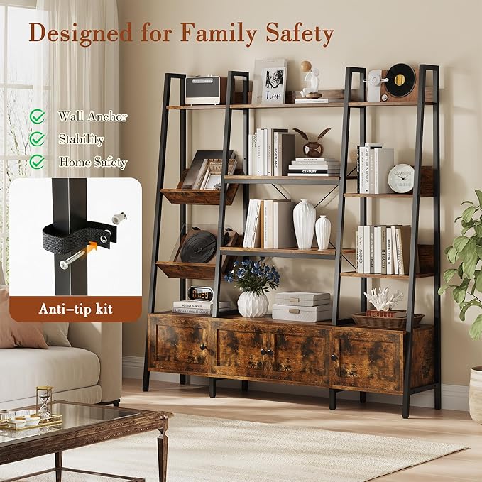 kepptory Large Ladder Bookshelf with 3 Storage Cabinets, Triple Wide 4-Tier Open Bookcase with Storage for Living Room, Bedroom, Home Office, Rustic Brown