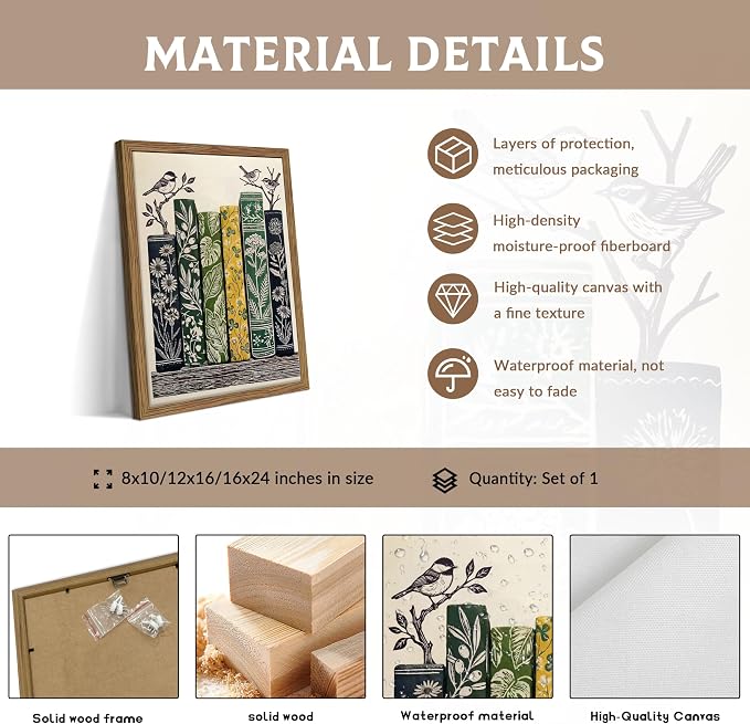 Framed Vintage Botanical Books Canvas Wall Art, Floral Books with Birds Poster Print, Retro Nature Library Reading Gift, Modern Literary Wall Decor for Study Living Room Office 12x16in