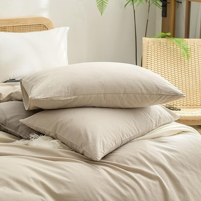 BESTOUCH Duvet Cover Set 100% Washed Cotton Linen Feel Super Soft Comfortable Chic Lightweight 3 PCs Home Bedding Set Solid Almond Milk Grey Alaska King