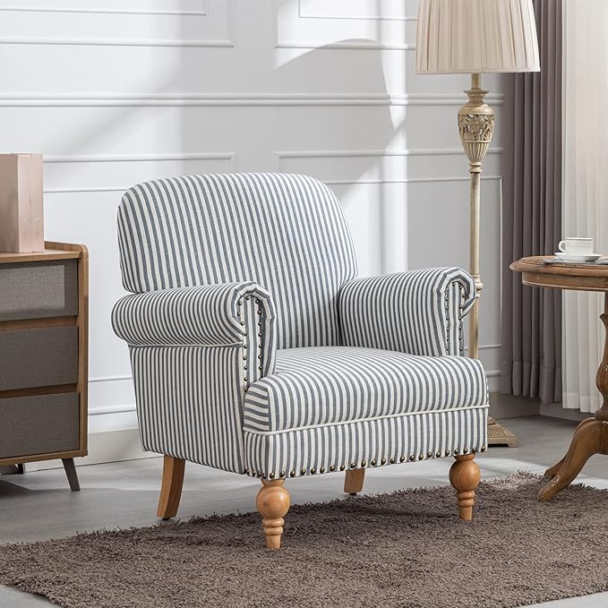 Linen Accent Chair Mid-Century Modern Living Room Armchair with Nailhead Trim & Wood Legs Comfy Upholstered Single Sofa Chair for Lounge/Bedroom/Reception, Blue Stripe