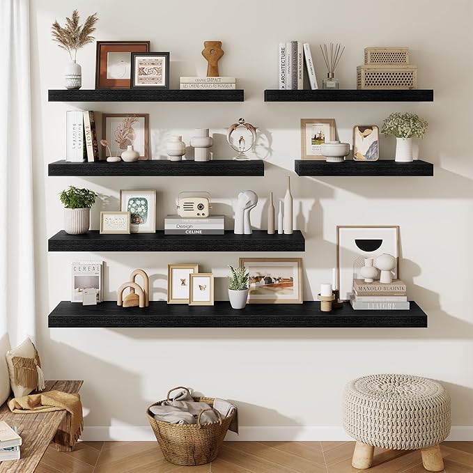 Fun Memories 12" Deep Floating Shelves for Wall, 36" W x 12" D Floating Shelves, Long Wood Floating Wall Shelf for Living Room Bathroom Bedroom Kitchen, Black, Set of 2
