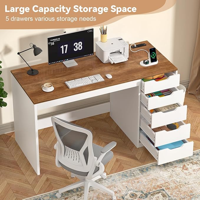 YOMILUVE 47 Inch Computer Desk with 5 Drawers and Power Outlets, Home Office Desks with Storage File Cabinet, Modern Simple Laptop Desk Writing Table for Small Spaces, Brown and White
