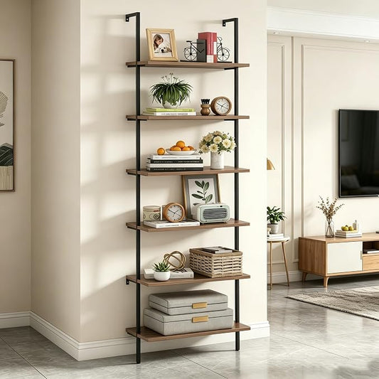 Wolawu Ladder Shelf Black 6 Tiers Modern Bookshelf Room Organizer Open Tall Wall Mount Bookcase Standing Leaning Wall Shelves Industrial Decorative Living Room Bed Room (Brown)