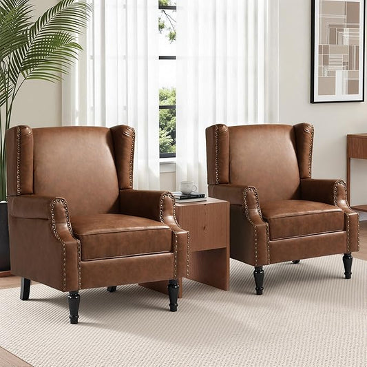 Faux Leather Wingback Chairs Set of 2, High Back Accent Chair, Comfy Upholstered Armchair with Nailhead Trim for Living Room, Single Sofa Reading Chair for Small Spaces, Bedroom-P Brown