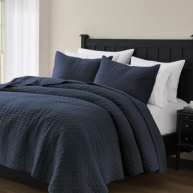 palassio Navy Blue 100% Cotton Quilt California Cal King Size Bedding Sets with 2 Pillow Shams, Oversized Lightweight Bedspread Shabby Chic Coverlet, Soft Bed Cover for All Season, 3 Pieces