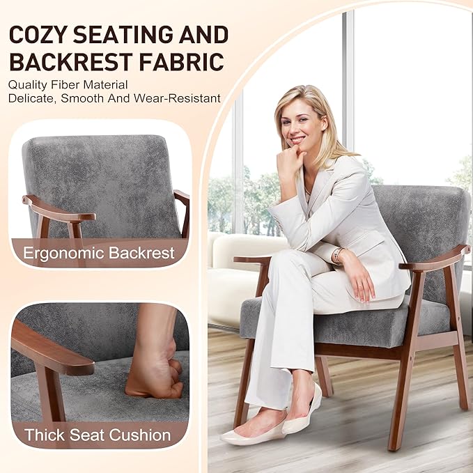 Furnimart Accent Chairs Set of 2, Mid-Century Modern Chair Reading Chairs with Extra-Thick Backrest, Wooden Armchairs for Living Room, Bedroom, Waiting Room, Grey Fabric