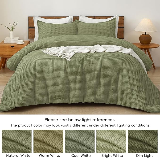 PHF Ultra Soft Waffle Weave Comforter Set Queen Size, 3 Pieces Lightweight Breathable Comfy Bedding Set, Comfy Textured 1 Comforter with 2 Pillow Shams, Olive Green