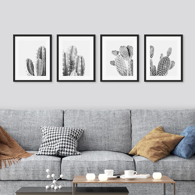 SIGNWIN Framed Black & White Saguaro Southwest Desert Tropical Cactus Wall Art, Set of 4 Floral Botanical Wall Decor Prints, Nature Wilderness Wall Décor for Living Room, Bedroom - 12"x16" Black