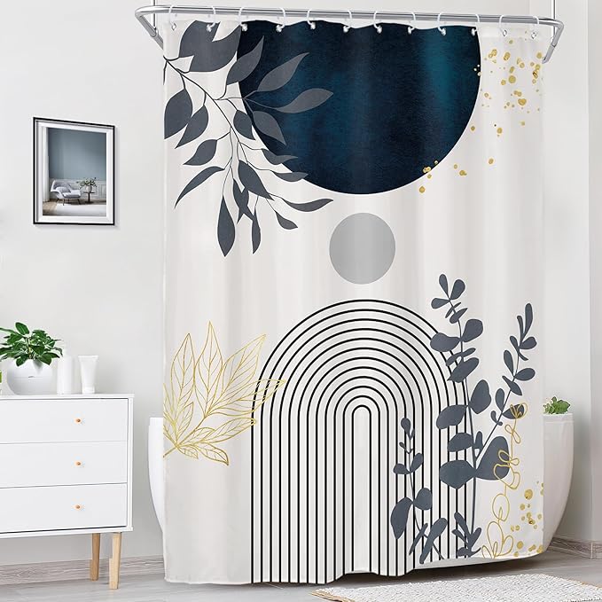 Riyidecor Extra Long Boho Modern Shower Curtain for Bathroom Decor 72Wx96H Navy Blue Abstract Bohemian Tropical Minimalist Aesthetic Art Printed Fabric Polyester Waterproof 12 Pack Plastic Hook
