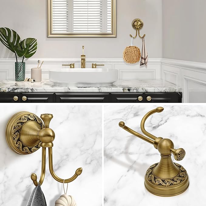 Brass Towel Hook, Antique Brass Bathroom Robe Hooks, Double Rustic Towel Hooks Bath Farmhouse Coat Clothes Hook Wall Mounted for Bathroom Kitchen Washroom Bedroom
