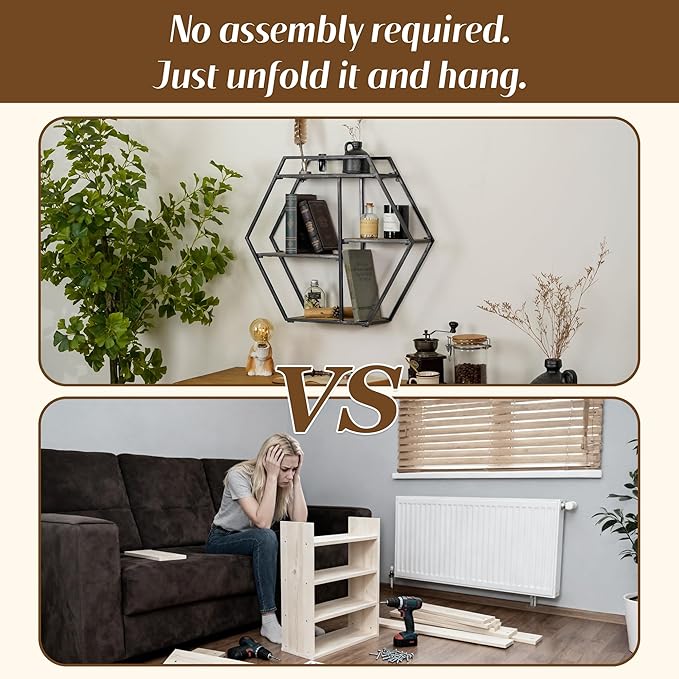 Industrial Style Hexagon-Shaped Wall Shelves, 3 Tier Decorative Floating Ledge Shelves, Wall Mounted Metal Bracket Wooden Display Hanging Shelf