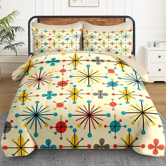 WeCozy 7 Pcs Queen Size Comforter Set with 2 Pillowcases & 2 Shams, Retro Mid Century Atomic Bedding for Kids and Adults, 50S Vintage Geometric Bed in a Bag with Flat Fitted Sheet