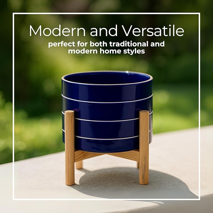 Striped Ceramic Planters with Wooden Stand for Home Decor Flower Pots for Entryway, Patio, Tabletop, and Garden - Colorful Decorative Pots for Indoor and Outdoor Plants - 9", Blue & Tan