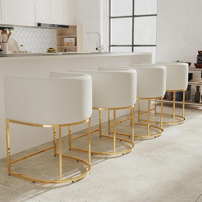 PU Leather Bar Stools Set of 4, Modern Upholstered Counter Height Bar stools 24" Leather Barstools Barrel Kitchen Counter Island Stools with Golden Metal Base, White