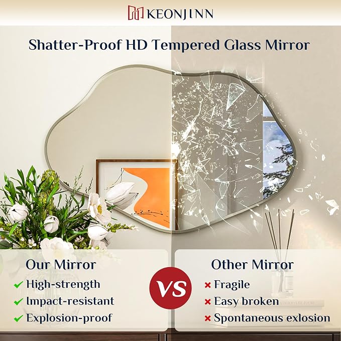 Keonjinn Nickel Irregular Mirrors for Wall 24" x 36" Inch, Asymmetrical Metal Frame, Tempered Glass Decorative Mirror for Bathroom, Bedroom, Living Room, Entryway(Horizontal/Vertical)