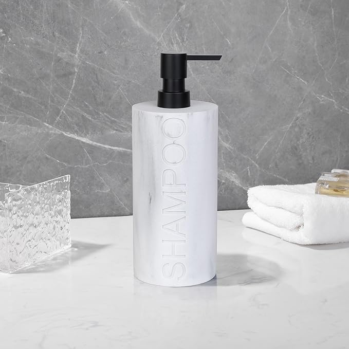 Resin White Marbled Shampoo Engraved Bottle Refillable Pump Dispenser, Durable Waterproof Construction for Bath, Shower - Resin White Marble - Matte Black Pump