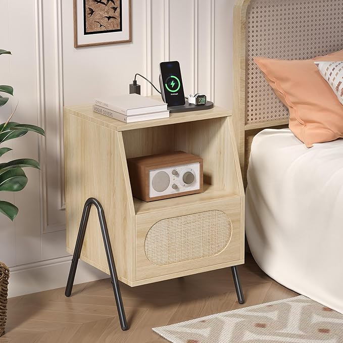 VINGLI Rattan Nightstand with Charging Station, Boho Nightstand Bedroom, Wood End Table with Drawers, Small Night Stand, Real Rattan Bed Side Table, 17.56" W x 15.75" D x 23.46" H