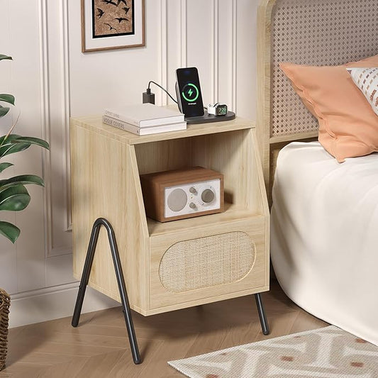 VINGLI Rattan Nightstand with Charging Station, Boho Nightstand Bedroom, Wood End Table with Drawers, Small Night Stand, Real Rattan Bed Side Table, 17.56" W x 15.75" D x 23.46" H