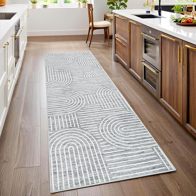 Modern Rug 2.5x8 Runners for Hallways, Abstract Kitchen Runner Rugs Non Slip Bath Runners, Rainbow Washable Runner Rug for Bedroom, Soft Long Rugs for Entryway Bathroom Laundry Dorm, Ash