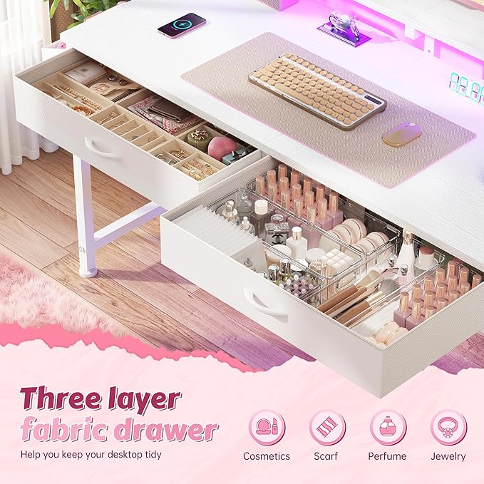 DurayLoly 47.3 Inch Computer Desk with 2 Drawers & LED Lights, Home Office Desk with Side Pocket, Gaming Desk with Monitor Stand, Study Writing Table for Small Spaces, White