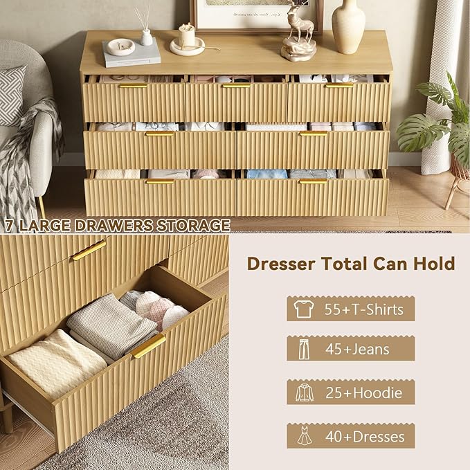 CARPETNAL Fluted Dresser and Nightstand Sets for Bedroom, 3 Pcs Bedroom Set, 7-Drawer Dresser & 2-Drawer Nightstand Set of 2, Modern Wood Chest of Drawers for Living Room, Entryway, Oak