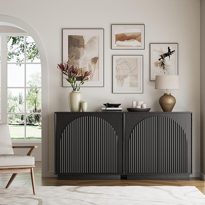 win2win Fluted Sideboard Buffet Cabinet with Storage, 31.5" Modern Accent Cabinet with Double-Layered Arch Doors, Small Wood Console Credenza for Living Room, Dining Room, Entryway, Black, 3PCS