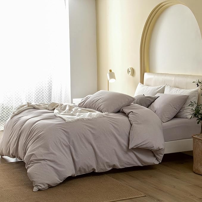 JIYUAN 100% Washed Cotton Duvet Cover Set 3 Pieces Full, 1 Duvet Cover 80x90 Inches(Comforter Not Included) and 2 Pillowcases,Linen Feel Bedding Set Comfy and Breathable, Heathered Linen