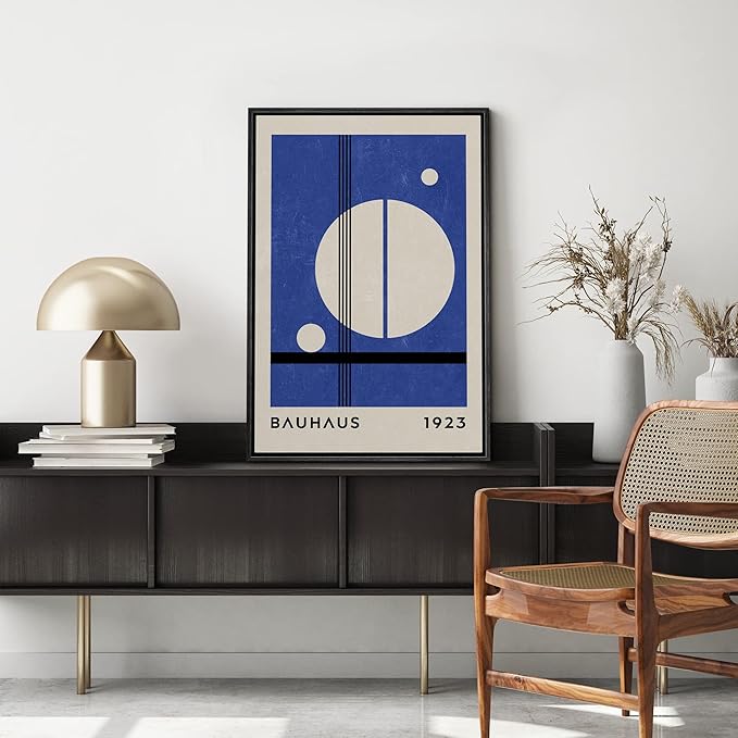 MUDECOR Framed Canvas Print Wall Art Mid-Century Bauhaus 1960s Blue White Circle Shapes Abstract Illustrations Modern Art Multicolor Relax/Calm for Living Room, Bedroom, Office - 24"x36" Black