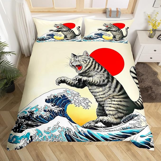 Erosebridal Funny Japanese Cat Duvet Cover King Japanese Ukiyo-E Cat Bedding Set Kawaii Animal Comforter Cover for Kids Girls Boys Adults Sunset Ocean Sea Waves Bed Set