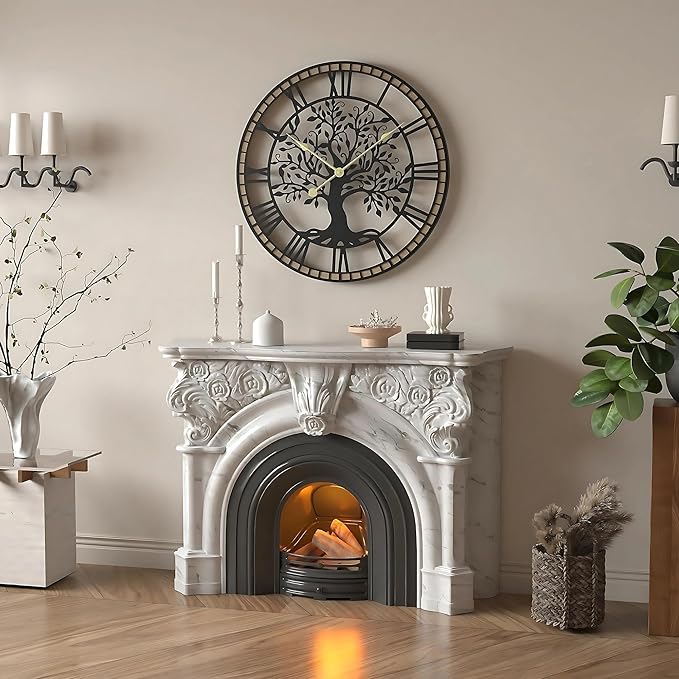 Micasso Rustic Oversize Wall Clock: 35Inch Farmhouse Tree of Life Metal with Wood Frame - Vintage Battery Operated Wall Clocks for Bedroom/Fireplace/High-Ceiling - Home Decor for Interior Designers