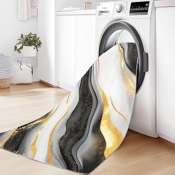 Black and White Printed Carpet Non Slip 5 x 7 ft Area Rug, Abstract Luxury Marble Gold Texture Washable Rugs for Living Room Bedroom - Low Pile Non-Shedding Carpets Classroom Playroom Nursery