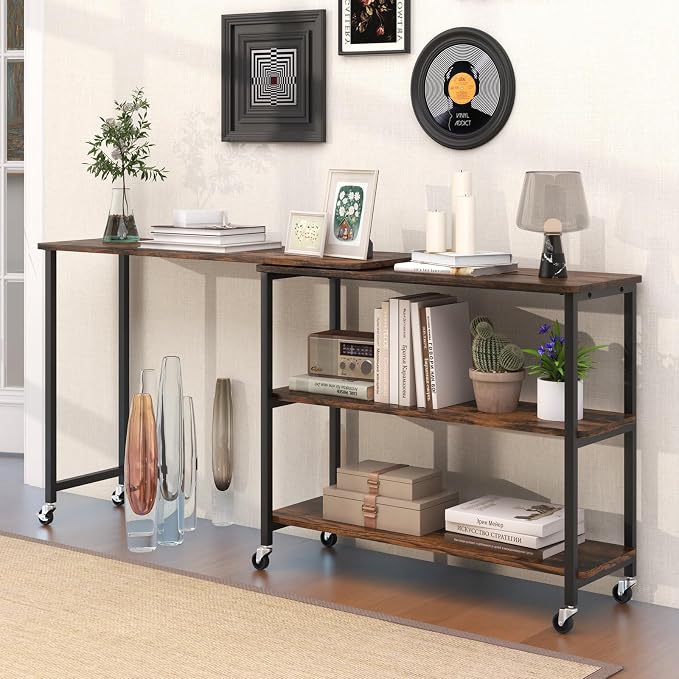 Giantex 360 Rotating End Table, Large Rustic Brown Walnut & Alloy Steel, 40" X 12", 2-Tier Storage Shelves, 265 lbs Weight Capacity