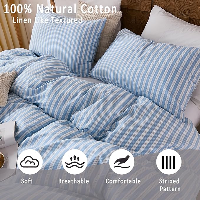 Merryword Blue and White Striped Duvet Cover Set King Size, 100% Cotton Linen Like Textured Bedding with Classic Vertical Stripes, Soft Lightweight Reversible Comforter Cover for All Seasons