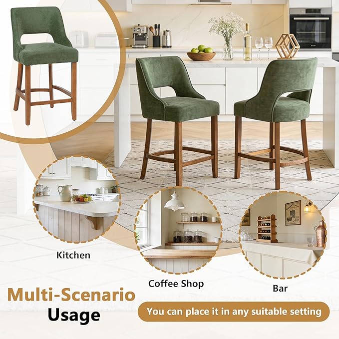 ClinQ Bar Stools Set of 4, 26" H Counter Height Bar Stools with Backs, Modern Upholstered Accent Barstools with Curved Footrest for Kitchen Island, Dining Room and Bar, Green-Walnut Legs