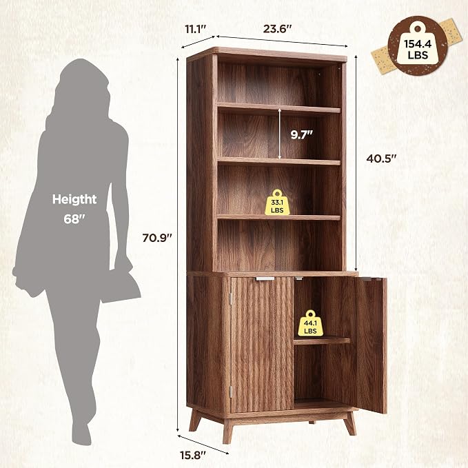 DurayLoly 6-Tier Bookshelf, Modern Bookcase with Fluted Doors & Adjustable Shelves, Mid-Century Cabinet, Wooden Book Shelf for Home Office, Living Room, Kitchen, Walnut