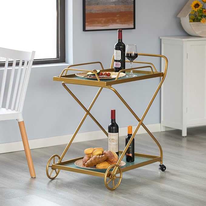 Vintiquewise Gold Metal Bar Cart with Wheels & Handles, Vintage Rolling Liquor Cart, Glass Shelves, Portable Mini Bar for Home, Dining, Living Room, Entryway, Modern Bar Cart